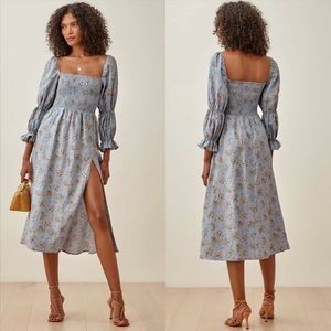 NWT Reformation Hyland Floral Puff Sleeve Linen Midi Dress, Size S